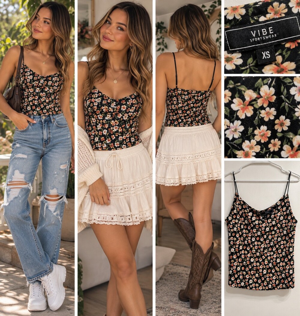 VIBE Story Supply XS Black Floral Cami Tank Top Y2K Cottagecore